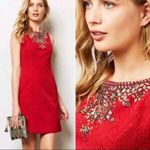 ANTHROPOLOGIE | MOULINETTE SOEURS Red Brocade Beaded Collar Mini Dress Size 0P 0